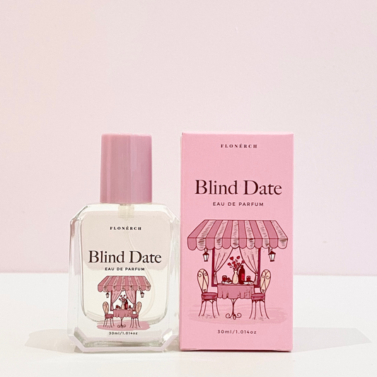Blind Date Perfume bottle next to its pink box